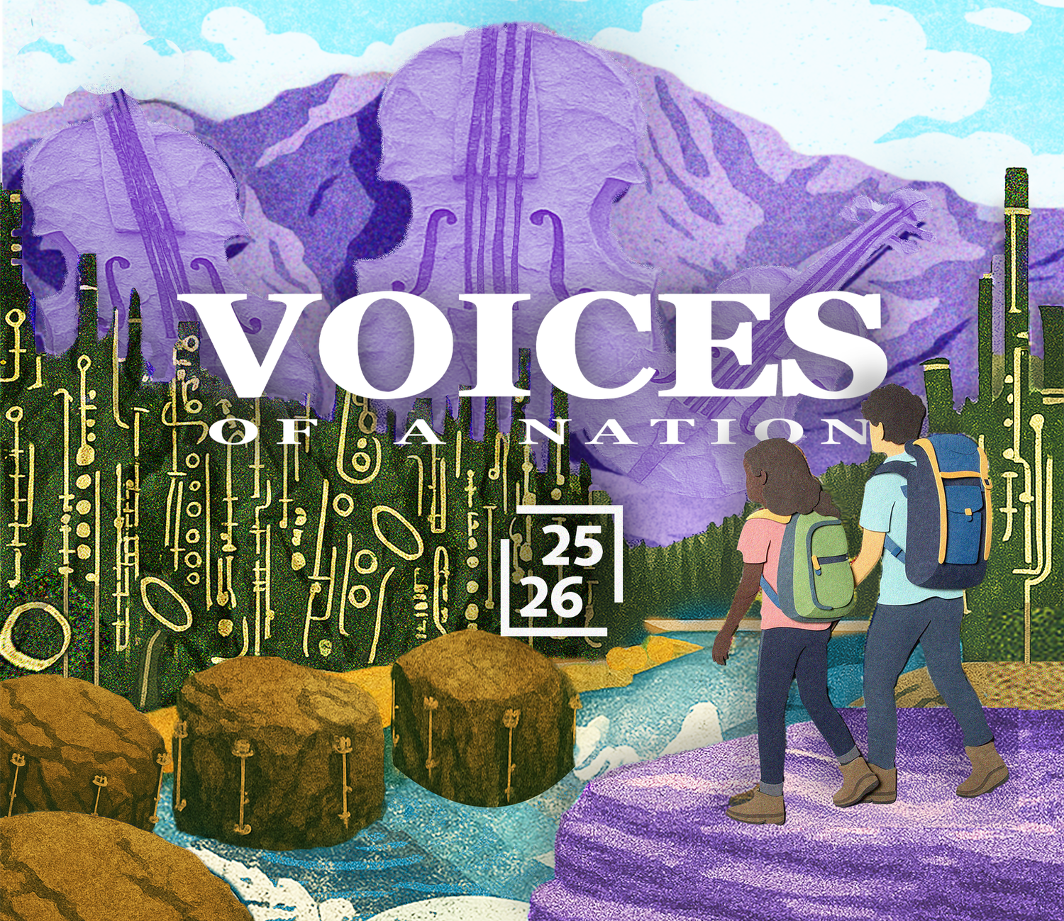 Collage. 2 people backpacking among mountains, trees, and rocks made of musical instruments.