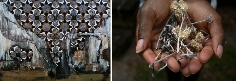 Black and white geometric shapes of repurposed materials. Black hands cradling dried flowers.