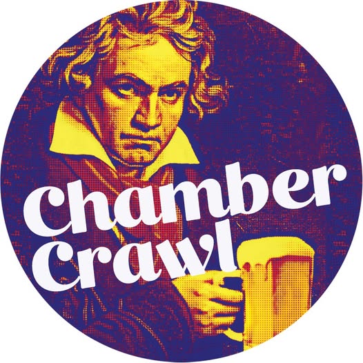 Yellow and purple graphic of Beethoven holding a mug of beer. Text reads "Chamber Crawl."