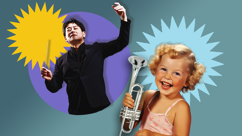An Asian man smiles with a conductor's baton, and a blonde toddler laughs with a silver trumpet.