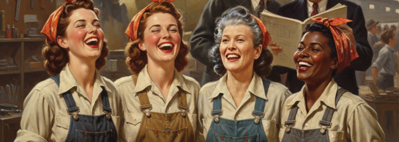 4 women in overalls and red head kerchiefs laugh together in the 1940s. 2 are white with auburn hair, 1 is white with gray hair, and 1 is Black with black hair.