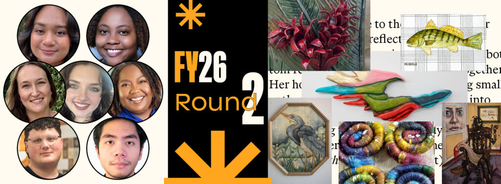 Collage of headshots and representative artworks from the seven emerging artists.