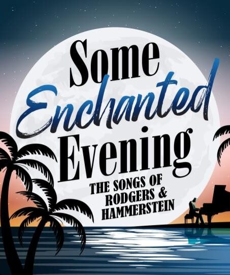 A full moon over the ocean, with palm trees and a figure playing piano.