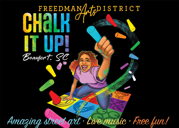 Cartoon of a BIPOC woman joyfully drawing with multicolored chalk on the ground.