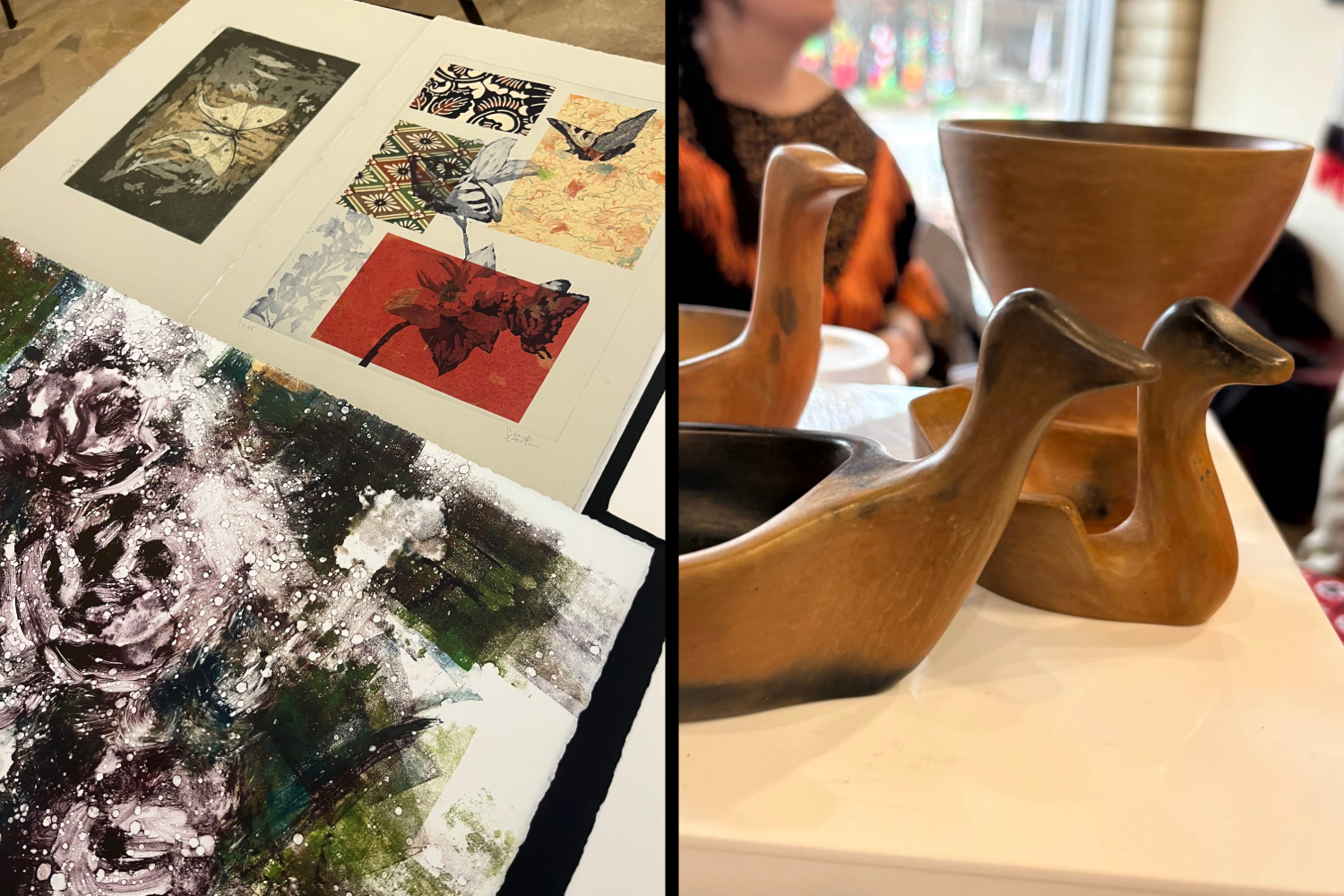 Collage of Sierra Cauthen's paintings and Robbins Family Pottery's Catawba pottery.