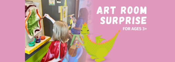 Two children paint at easels. A friendly cartoon dragon holds an easel and paintbrush.