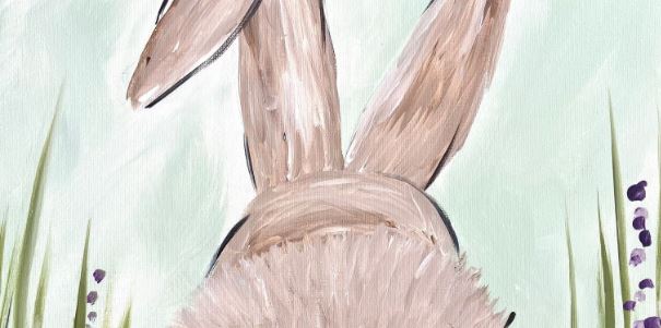 Painting of the back of a rabbit's head and ears among tall grasses.