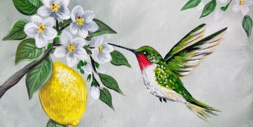 Painting of a hummingbird at a lemon with blossoms on a tree.