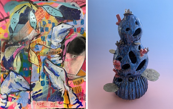 Mixed media collage in bright colors with sock puppet figures. Ceramic stacked marine-like shapes.