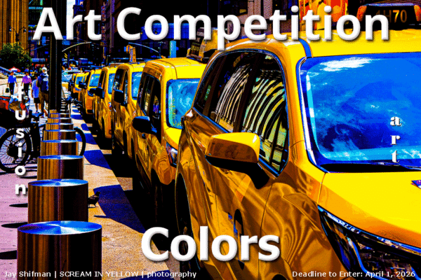 Jay Shifman's photograph, "Scream in Yellow," shows yellow taxi cabs lined up on a city curb.