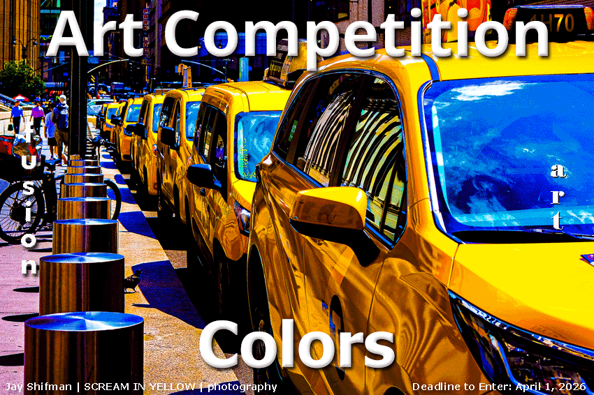 Jay Shifman's photograph, "Scream in Yellow," shows yellow taxi cabs lined up on a city curb.