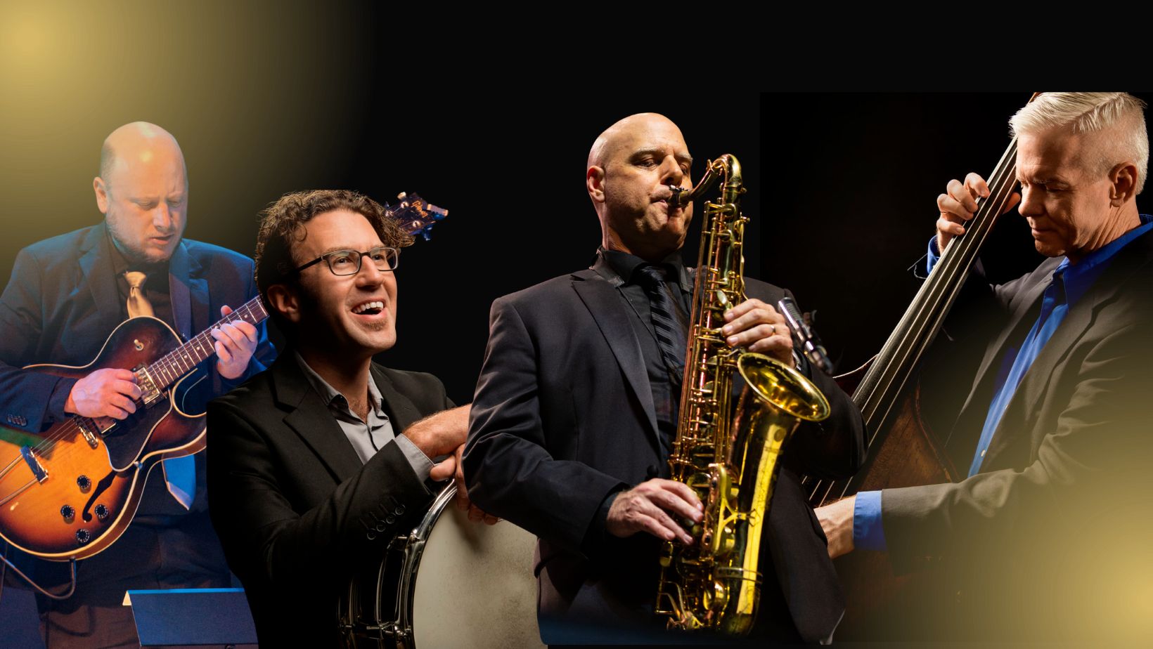 Collage of musicians playing electric guitar, drum, saxophone, and upright bass.
