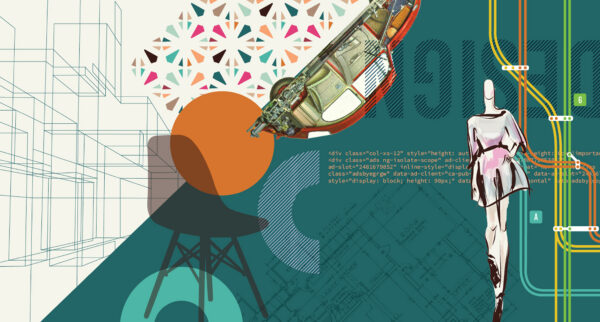 A composite graphic of design skills including architecture, fashion, city planning, and digital.