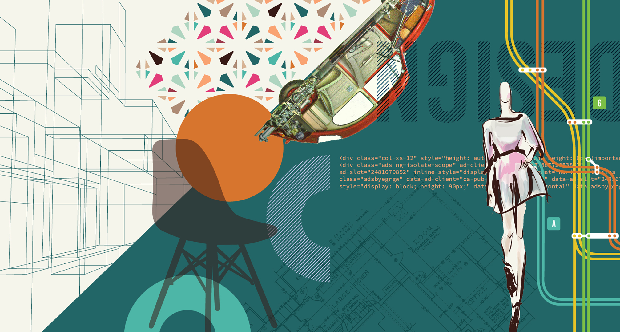 A composite graphic of design skills including architecture, fashion, city planning, and digital.