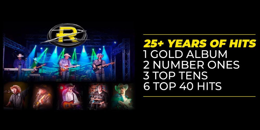 Male country music singers and instrumentalists play on a colorfully lit stage.