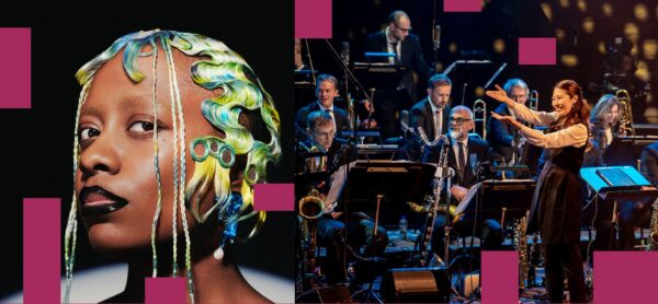 A Black woman with multicolored hair and black lipstick. A BIPOC woman leads a big band orchestra.
