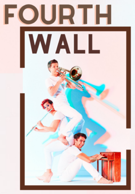 Three barefoot musicians dressed in white play trombone, flute, and a toy piano.