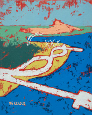 An acrylic painting depicting Riverfront Park in North Charleston in bright blue, aqua, and green.