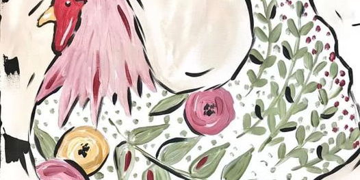 Painting of a white rooster with green leaves and pink and yellow flowers on his body.