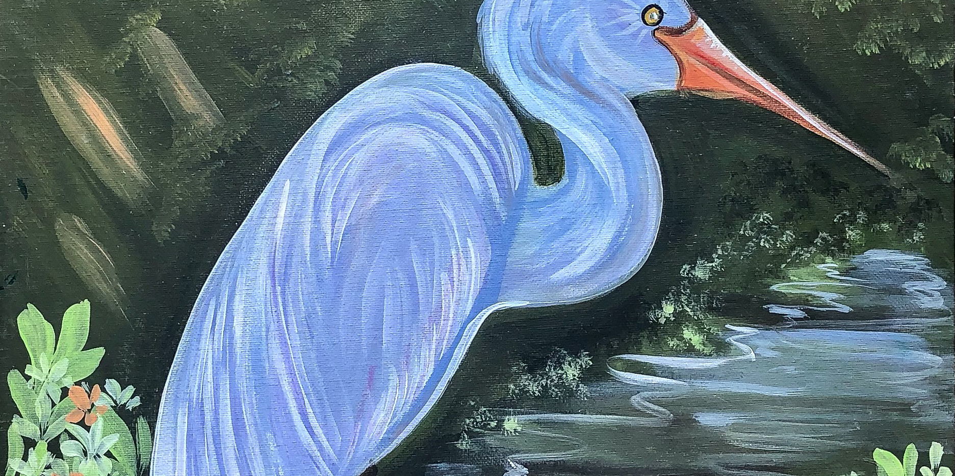 Painting of a blue egret with orange beak standing near a stream among foliage.