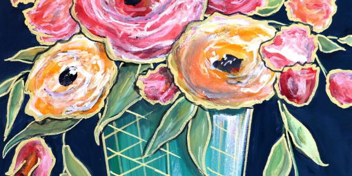 Painting of pink and yellow flowers in a green vase.