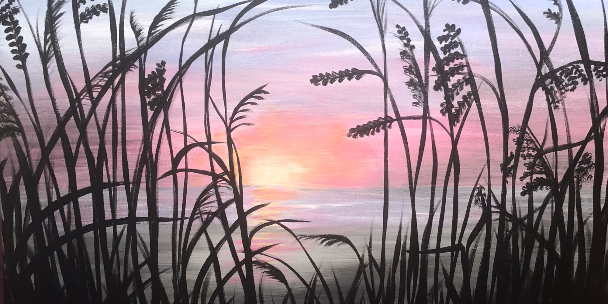 Painting of sea oats against an ocean sunrise.