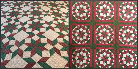 Quilts using a traditional star pattern of red, green, and white.