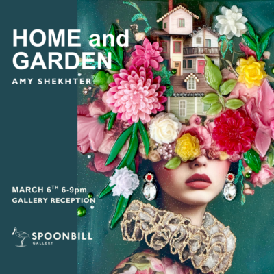 Artwork of a woman whose eyes and top of head are replaced by flowers and houses.