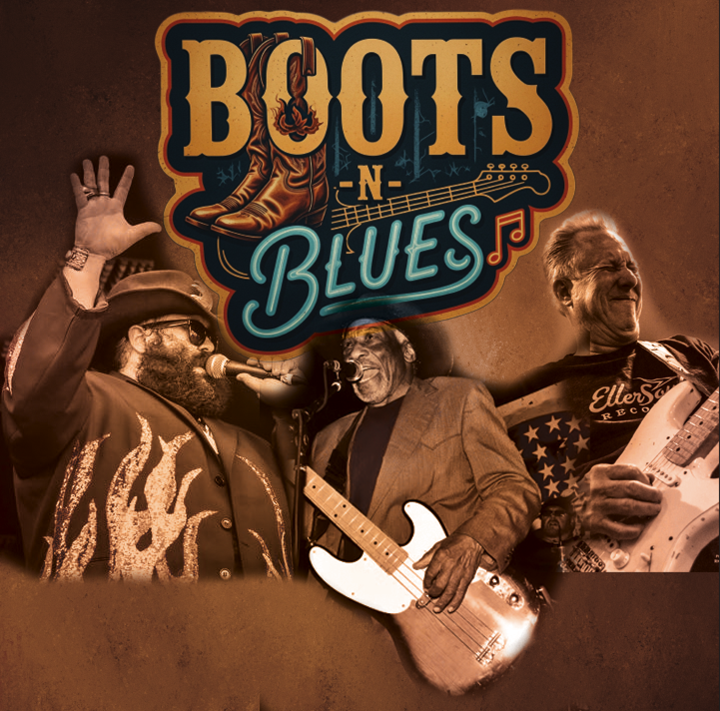 A bearded man sings, a Black man sings and plays guitar, and a man plays guitar.