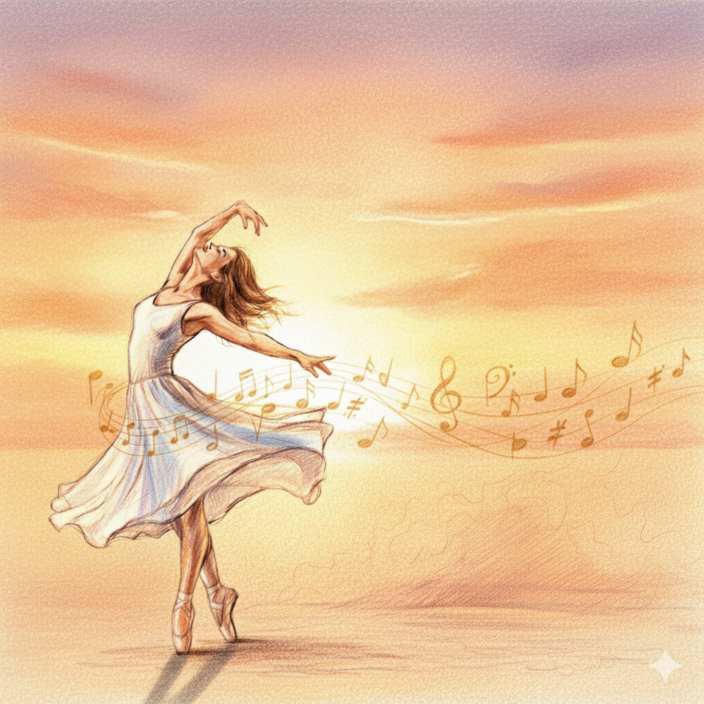 A pastel drawing of a woman in pointe shoes surrounded by music notes.