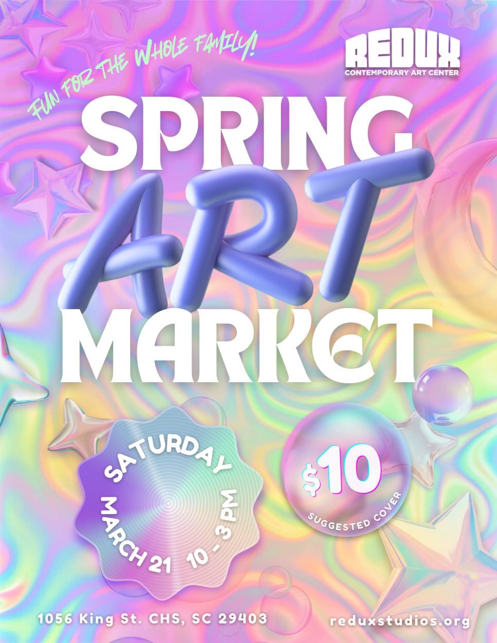 Pastel iridescent swirls and shapes advertise a Spring Art Market.