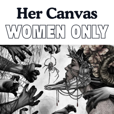 Artwork shows a woman wearing a jawbone and botanical crown, amid a spider and reaching hands.