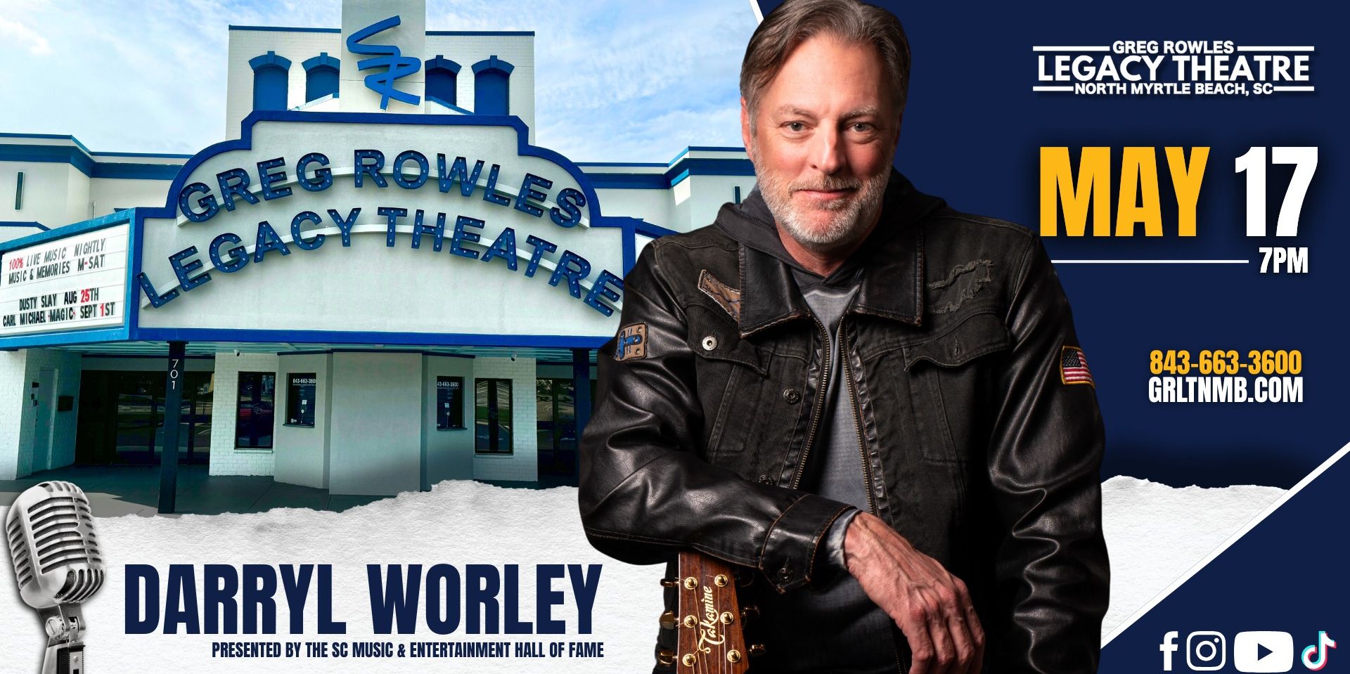 A man with graying brown hair and beard leans on a guitar. Behind is the Greg Rowles Legacy Theatre.