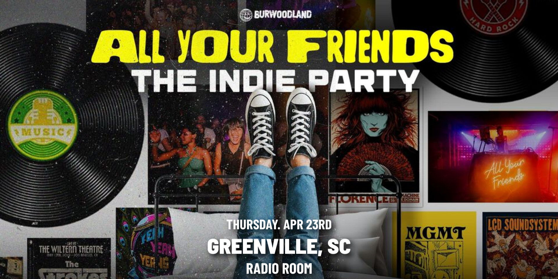 Legs wearing jeans and sneakers, with vinyl records, music posters, and photo of people at a party.