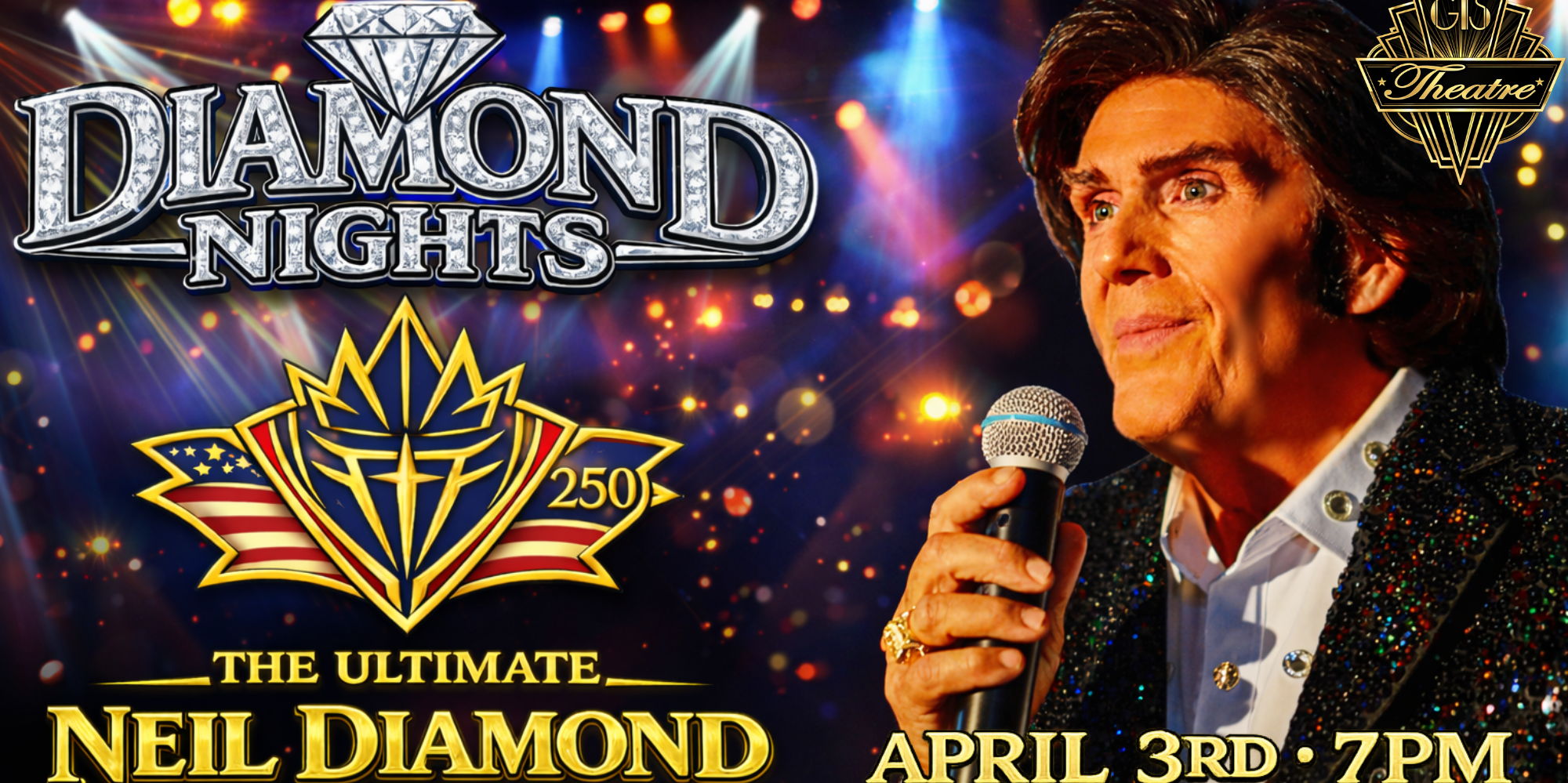 Singer dressed as Neil Diamond performs with a microphone with stage lights in the background.
