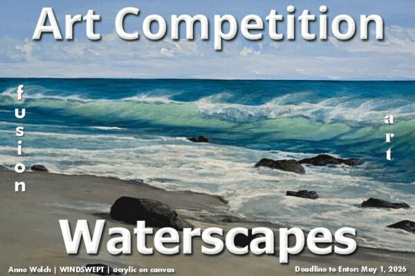 Painting of ocean waves crashing on a beach with rocks.