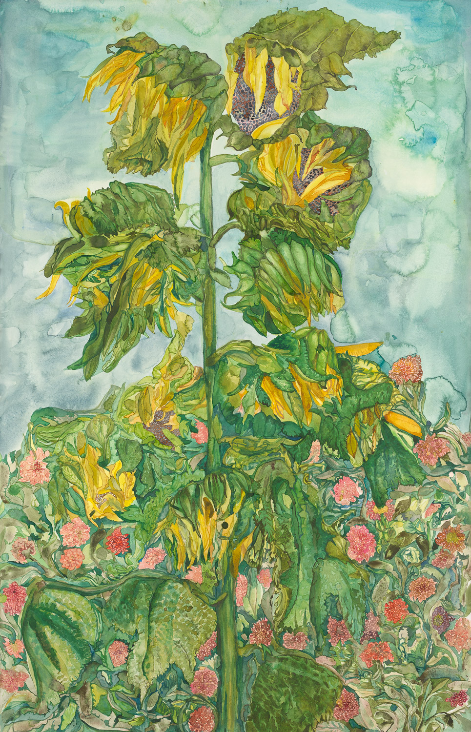 Artwork of a sunflower plant in bloom amid a bush with pink flowers, against a blue sky.