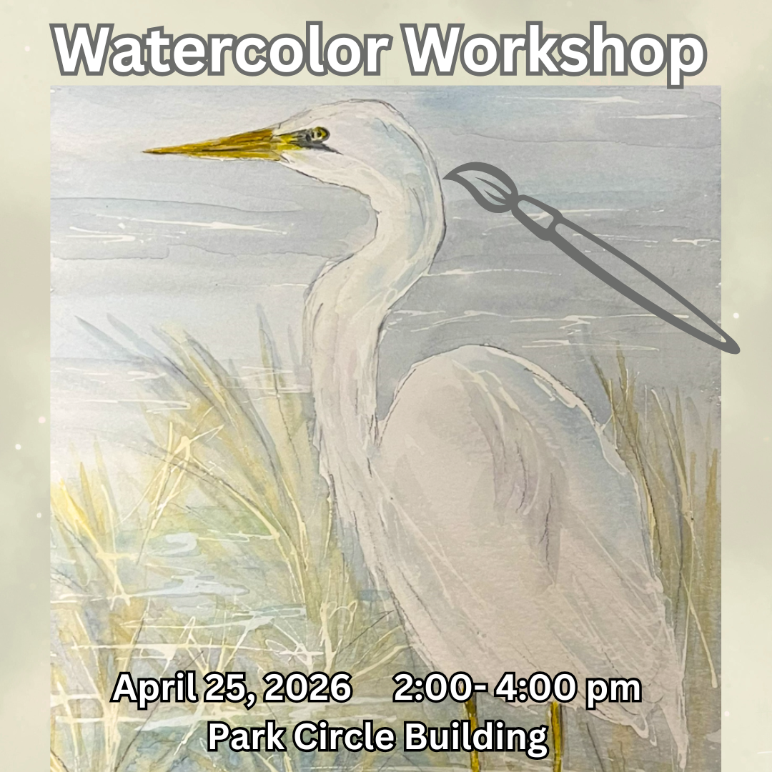 Watercolor painting of a white egret standing among grasses near water.