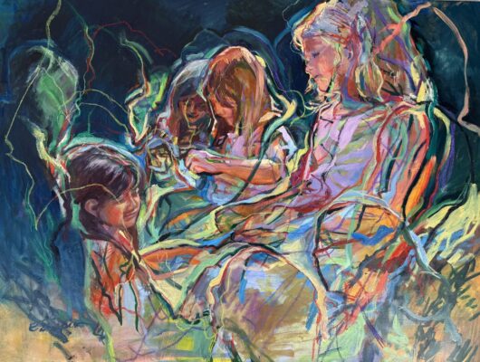 Painting of children amid ribbons in multiple colors, forming vague outlines of other people.