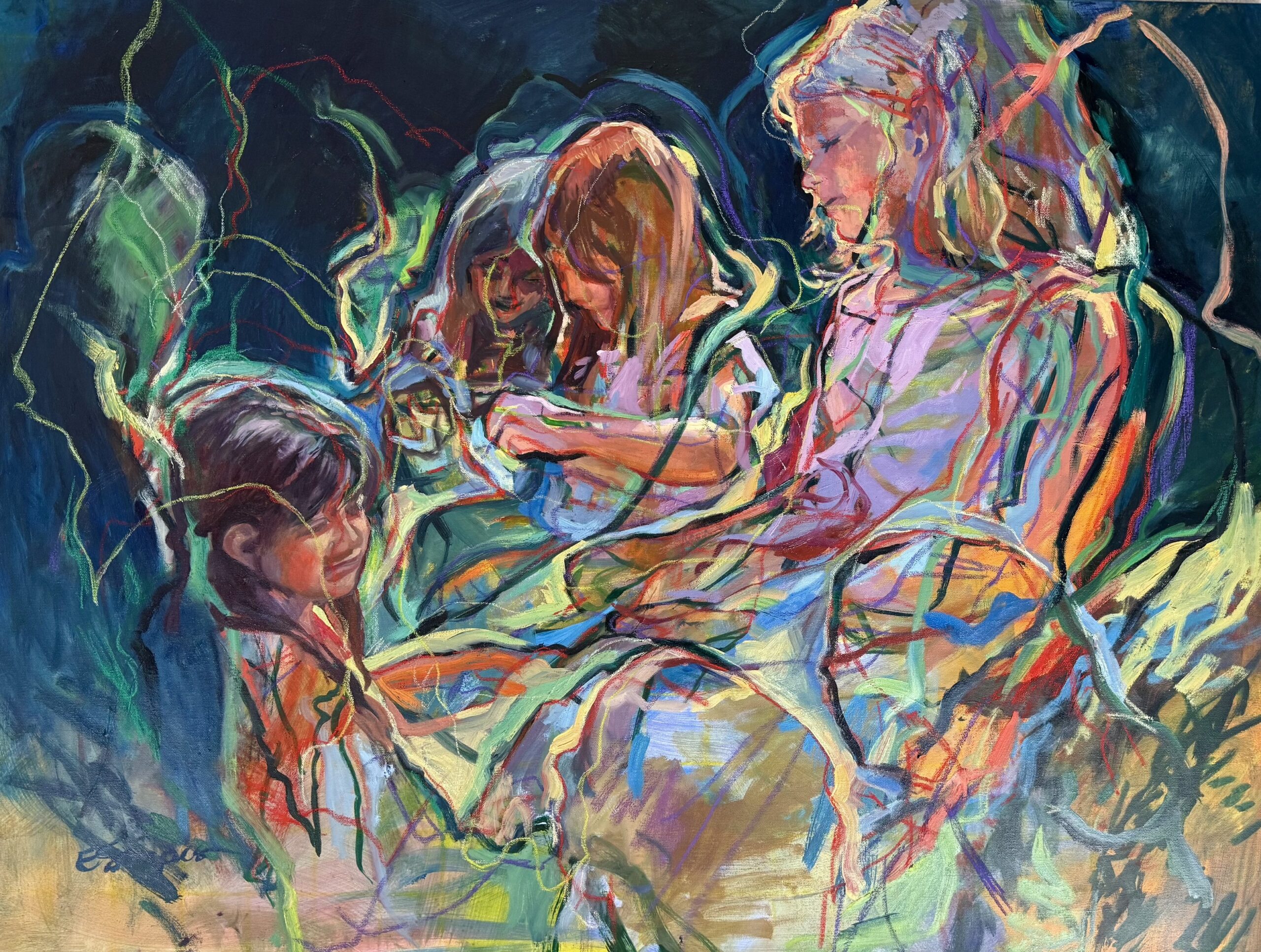 Painting of children amid ribbons in multiple colors, forming vague outlines of other people.