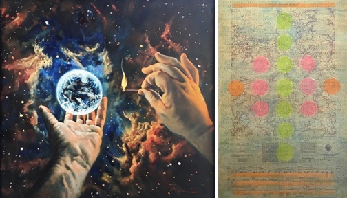 Hands hold a globe and a flame amid cosmic clouds. Neon dots & lines overlay a more detailed image.