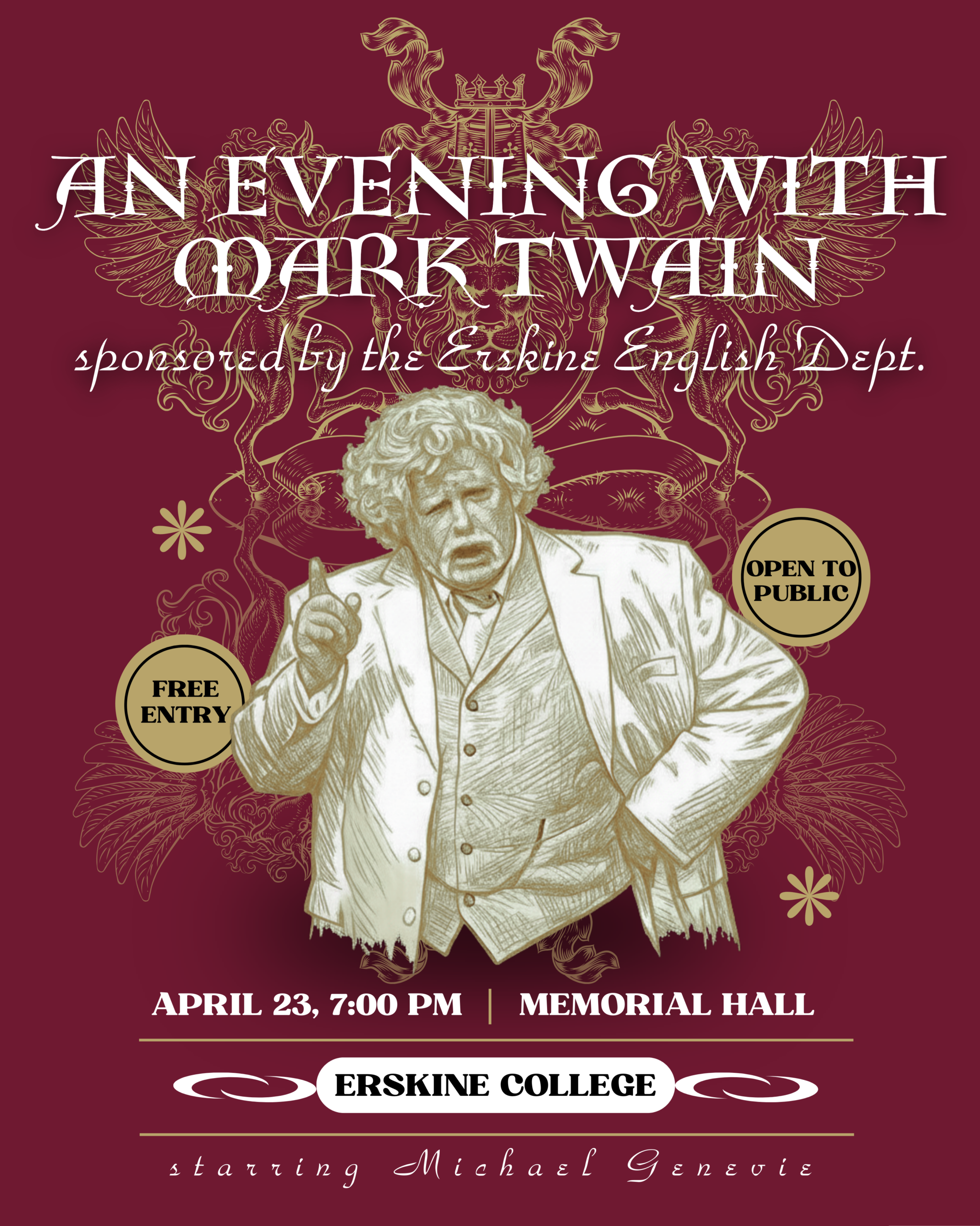 Sepia-toned drawing of an actor in character as Mark Twain.