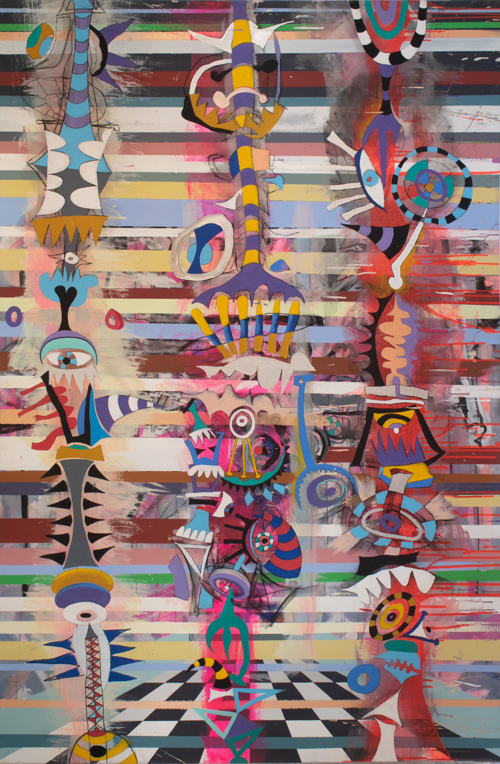 Artwork by Matt Baumgardner features multicolored horizontal bands and vertical towers of symbols.