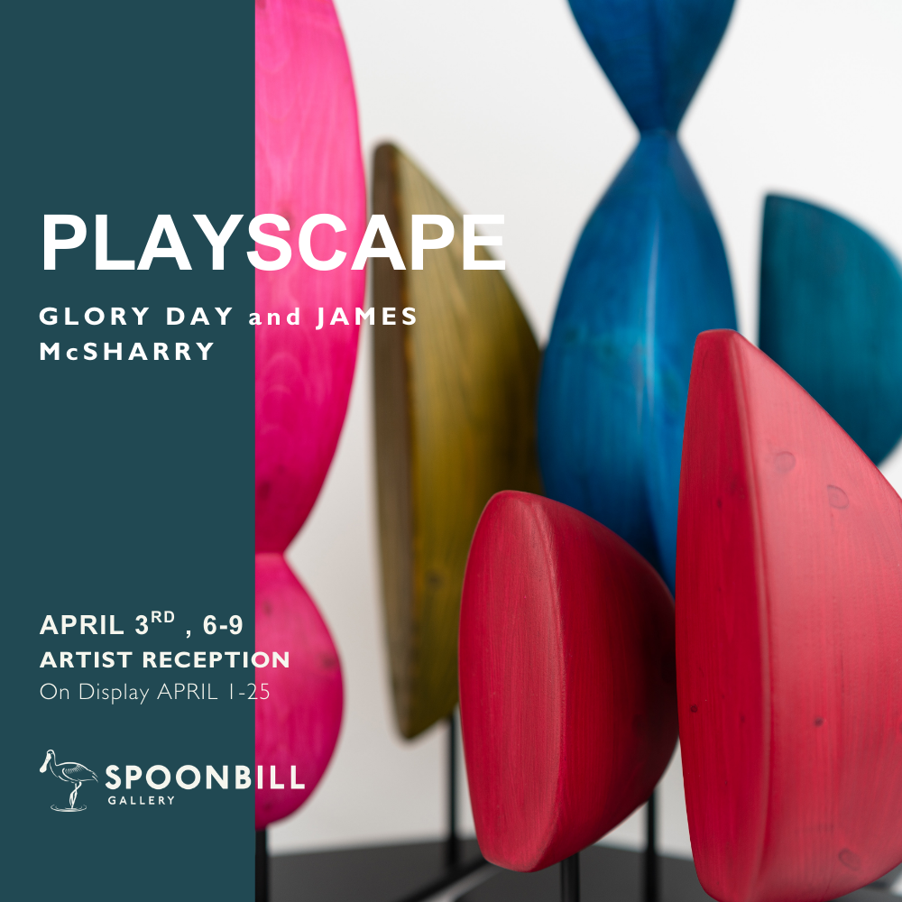 3 dimensional artwork of brightly colored hourglass, spherical, and oblong shapes.