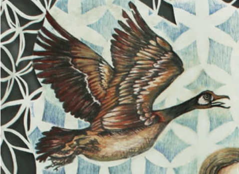 Detailed drawing of a bird in flight, in shades of red and brown, against a geometric background.