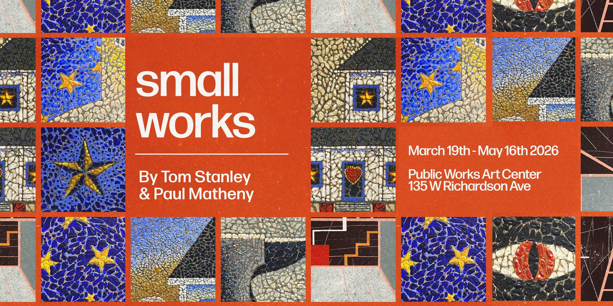 A grid of mosaics showing star scenes, an eye, the edge of a house, and other shapes.