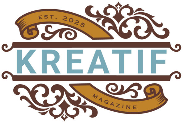 Logo for Kreatif Magazine, Est. 2025, features scrollwork and a palette of browns and blue.