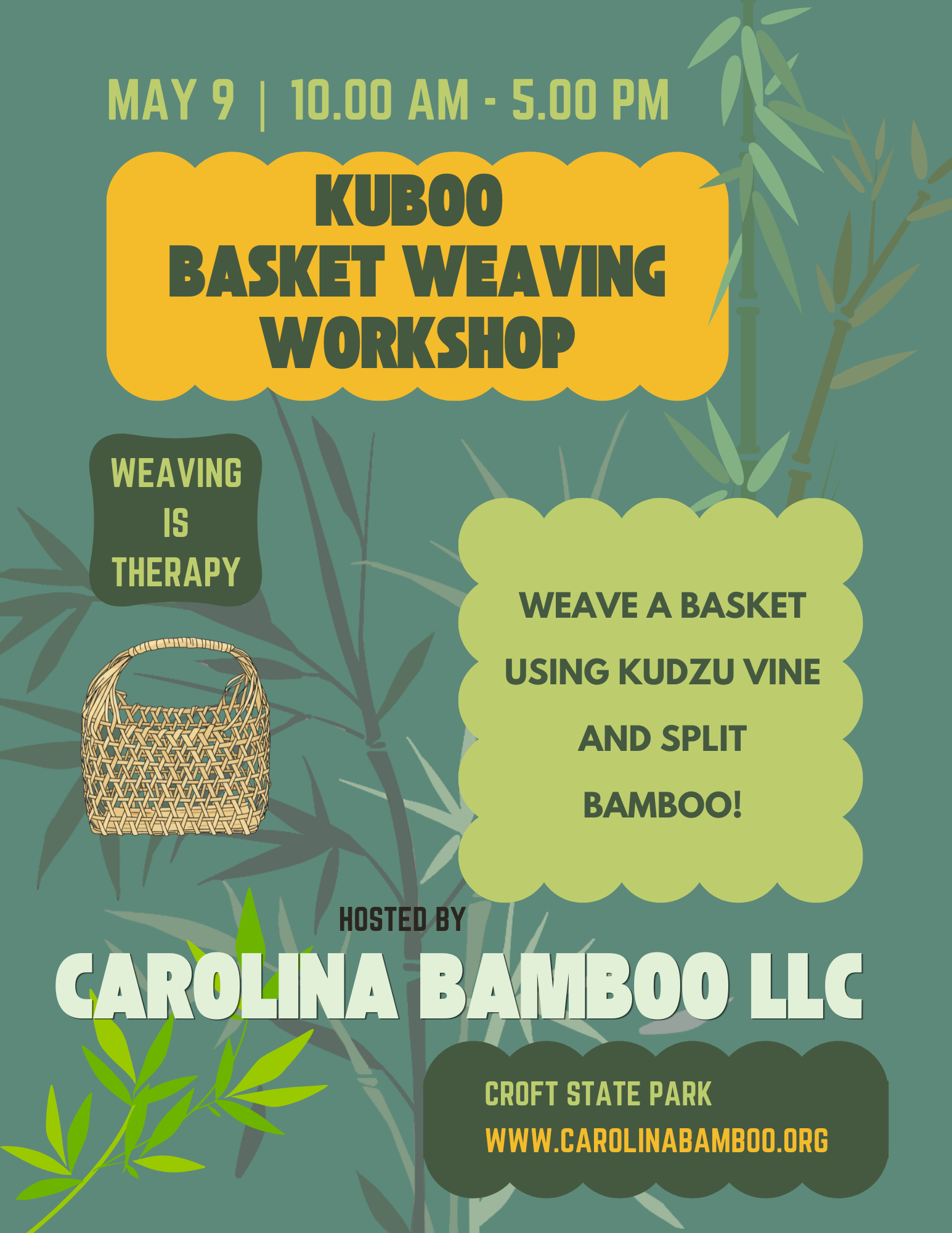 Graphic bamboo stalks and leafy vines, and a woven basket. Tagline, " Weaving is therapy."