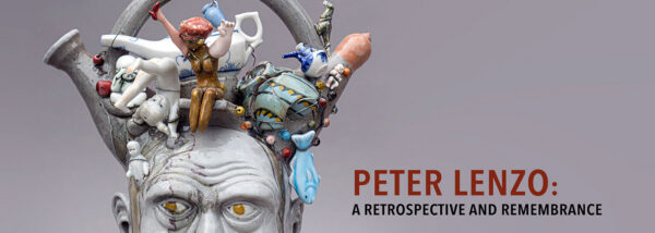 Facejug by Peter Lenzo shows a gray man with figures and shapes growing from his head.