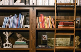 Wooden bookshelves with books, decorative objects, and a ladder.